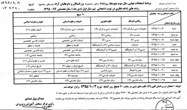 برنامه امتحانات نهایی دی ماه 95 برنامه امتحانات نهایی دی ماه 95 | سال سوم و پیش دانشگاهی | تجربی ریاضی
