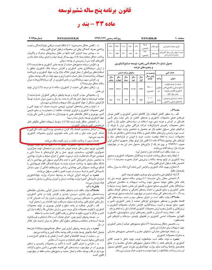 معافیت محصولات کشاورزی فراوری نشده از پرداخت مالیات بر ارزش افزوده