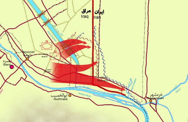 محورهای عملیاتی عراق در خرداد 67 برای تصرف شلمچه